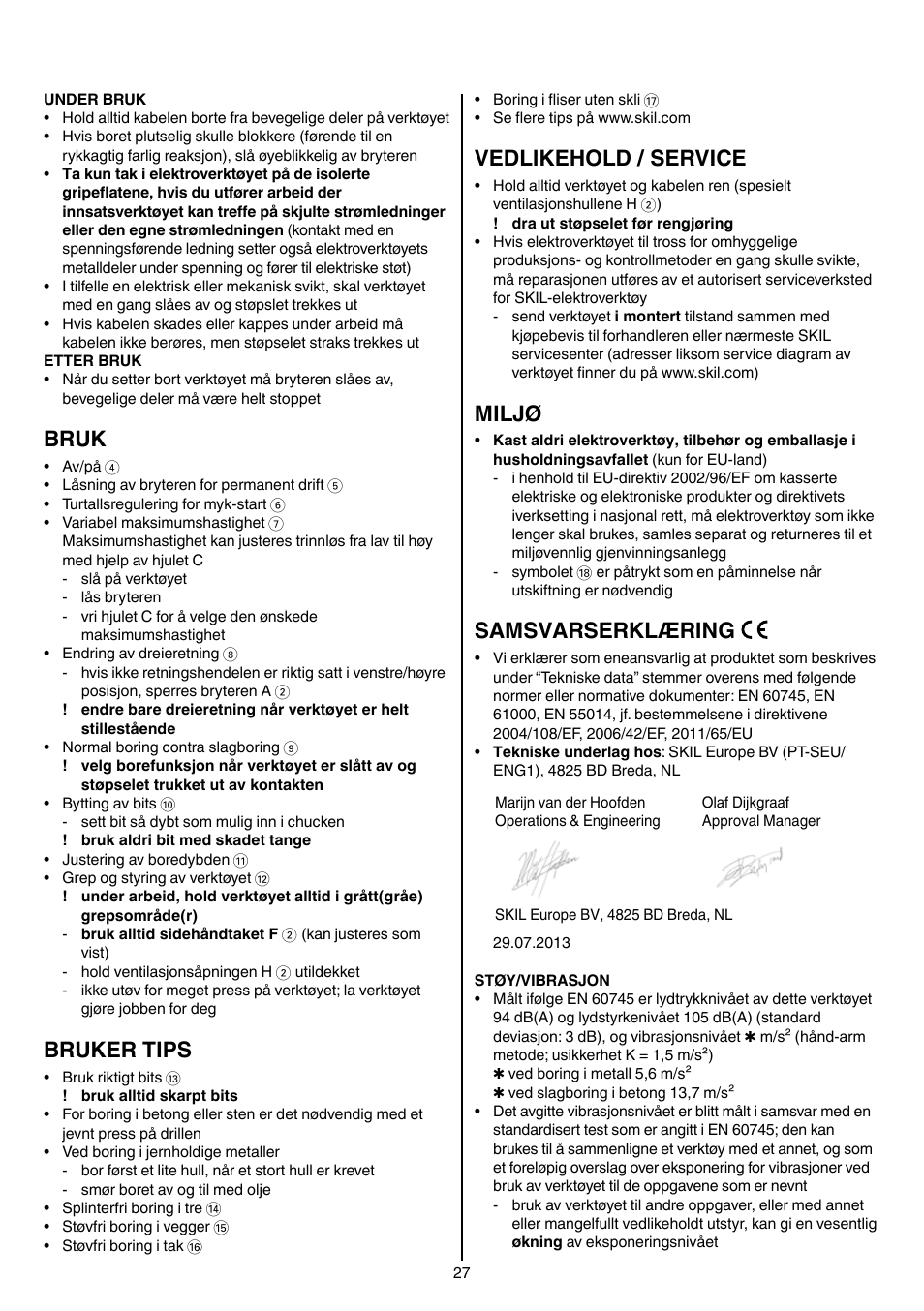 Bruk, Bruker tips, Vedlikehold / service | Miljø, Samsvarserklæring | Skil 6389 AG User Manual | Page 27 / 108