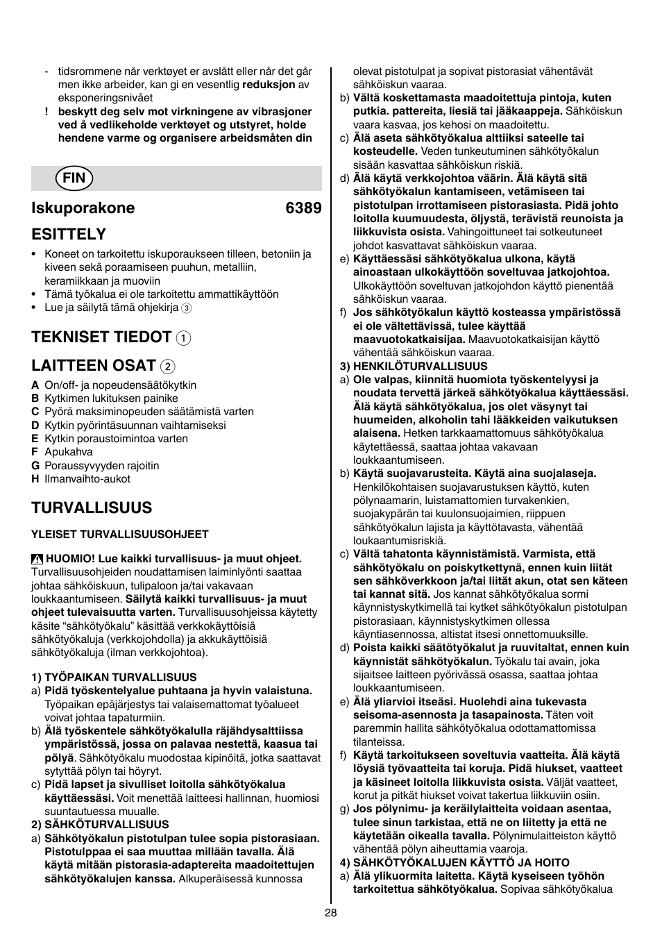 Iskuporakone 6389 esittely, Tekniset tiedot 1 laitteen osat 2, Turvallisuus | Skil 6389 AG User Manual | Page 28 / 108