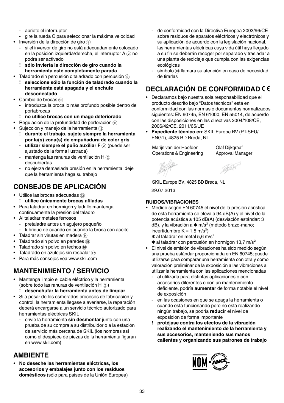 Consejos de aplicación, Mantenimiento / servicio, Ambiente | Declaración de conformidad | Skil 6389 AG User Manual | Page 33 / 108