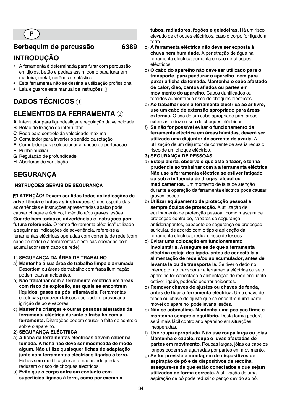 Berbequim de percussão 6389 introdução, Dados técnicos 1 elementos da ferramenta 2, Segurança | Skil 6389 AG User Manual | Page 34 / 108