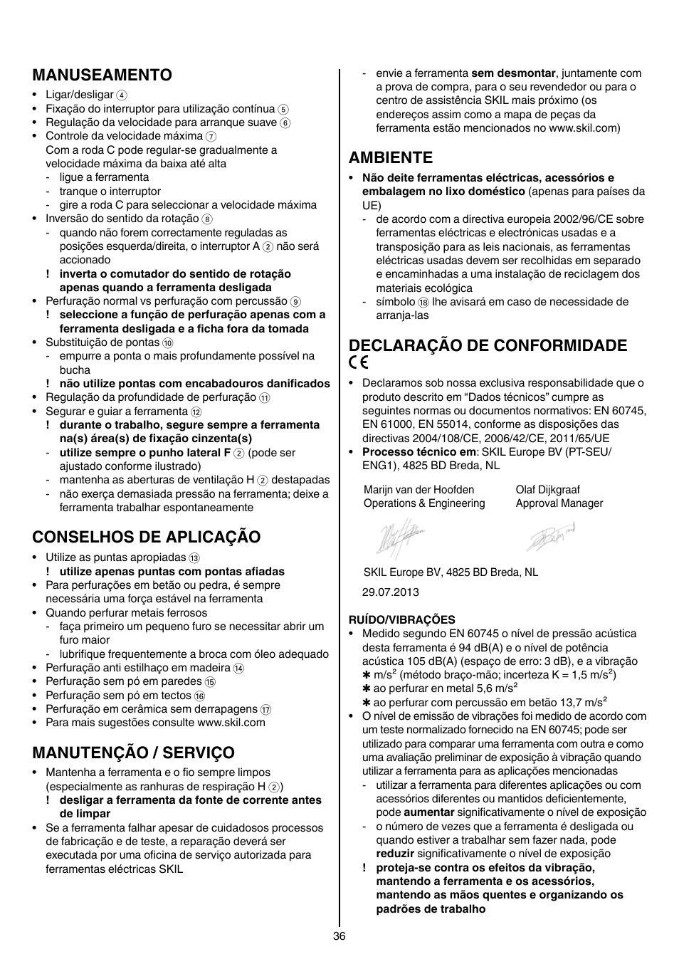 Manuseamento, Conselhos de aplicação, Manutenção / serviço | Ambiente, Declaração de conformidade | Skil 6389 AG User Manual | Page 36 / 108