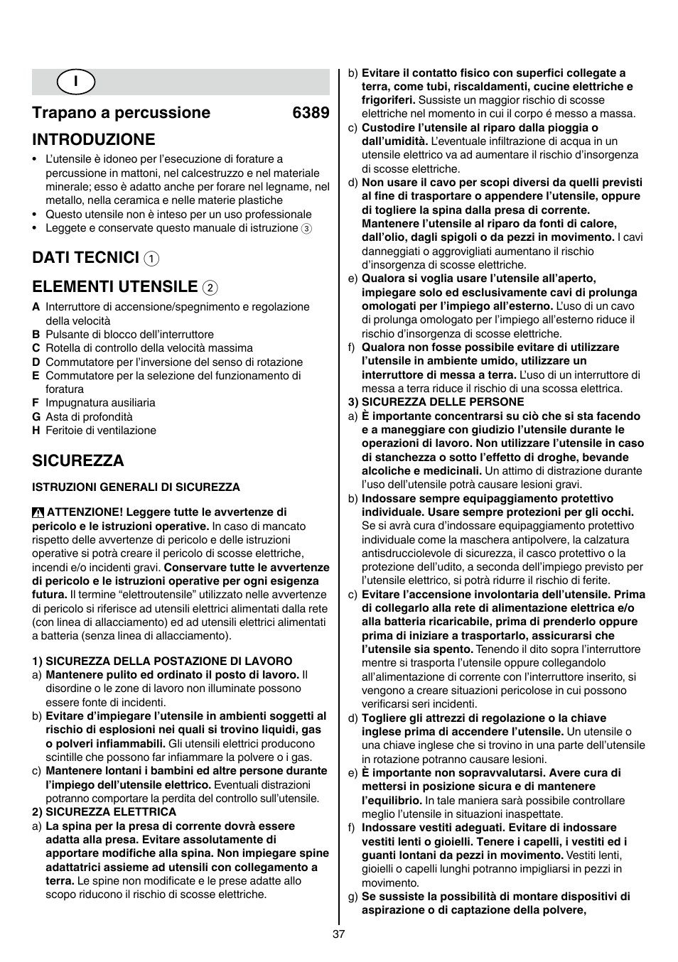 Trapano a percussione 6389 introduzione, Dati tecnici 1 elementi utensile 2, Sicurezza | Skil 6389 AG User Manual | Page 37 / 108