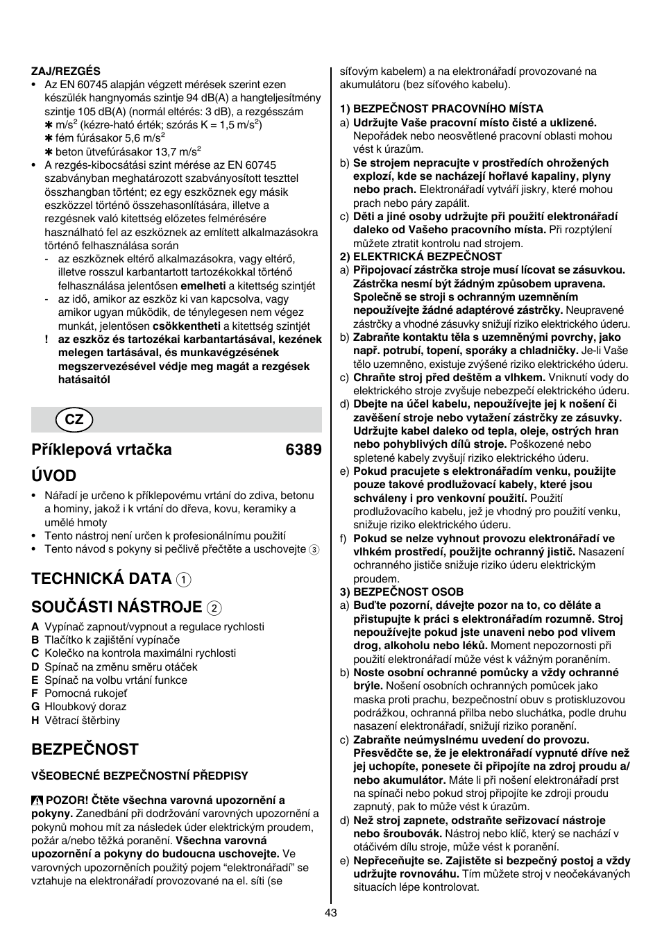 Příklepová vrtačka 6389 úvod, Technická data 1 součásti nástroje 2, Bezpečnost | Skil 6389 AG User Manual | Page 43 / 108