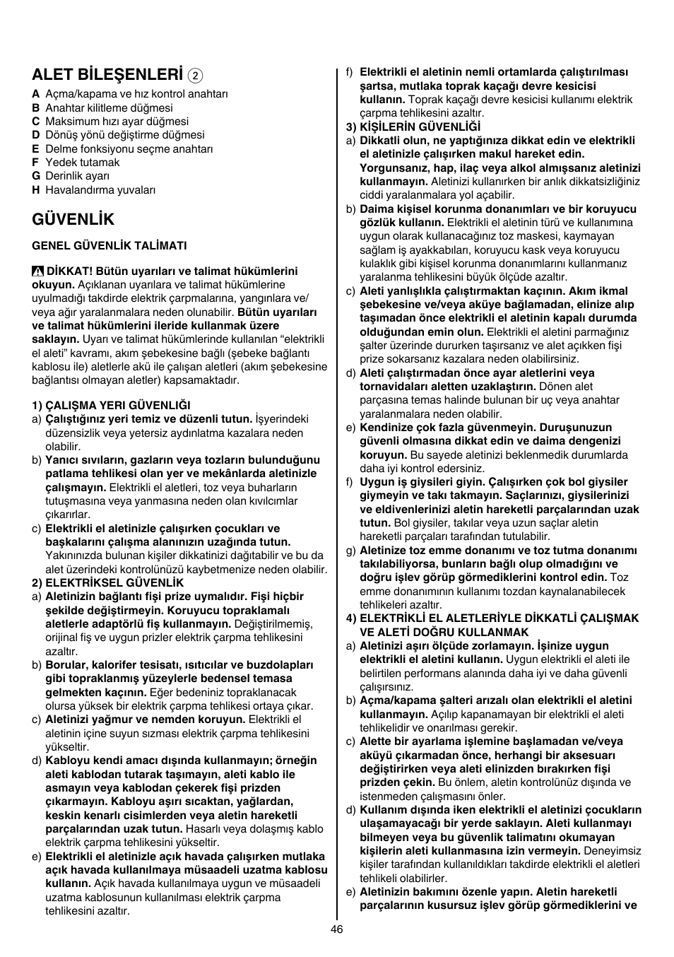 Alet bileşenleri 2, Güvenlik | Skil 6389 AG User Manual | Page 46 / 108