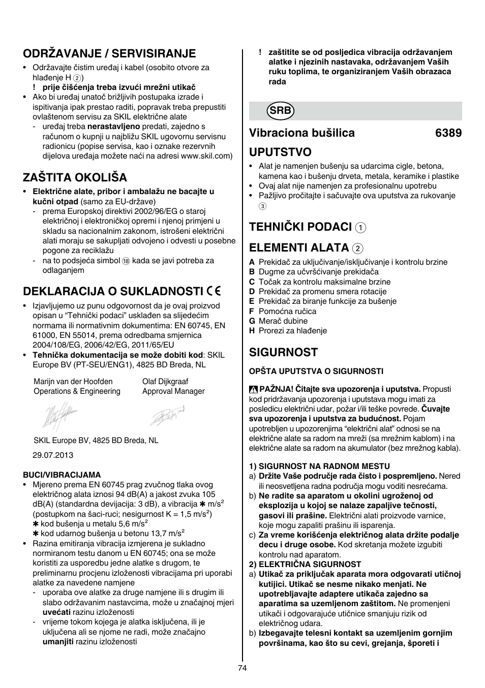 Održavanje / servisiranje, Zaštita okoliša, Deklaracija o sukladnosti | Vibraciona bušilica 6389 uputstvo, Tehnički podaci 1 elementi alata 2, Sigurnost | Skil 6389 AG User Manual | Page 74 / 108