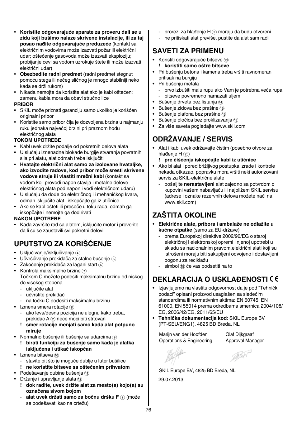 Uputstvo za korišćenje, Saveti za primenu, Održavanje / servis | Zaštita okoline, Deklaracija o usklađenosti | Skil 6389 AG User Manual | Page 76 / 108