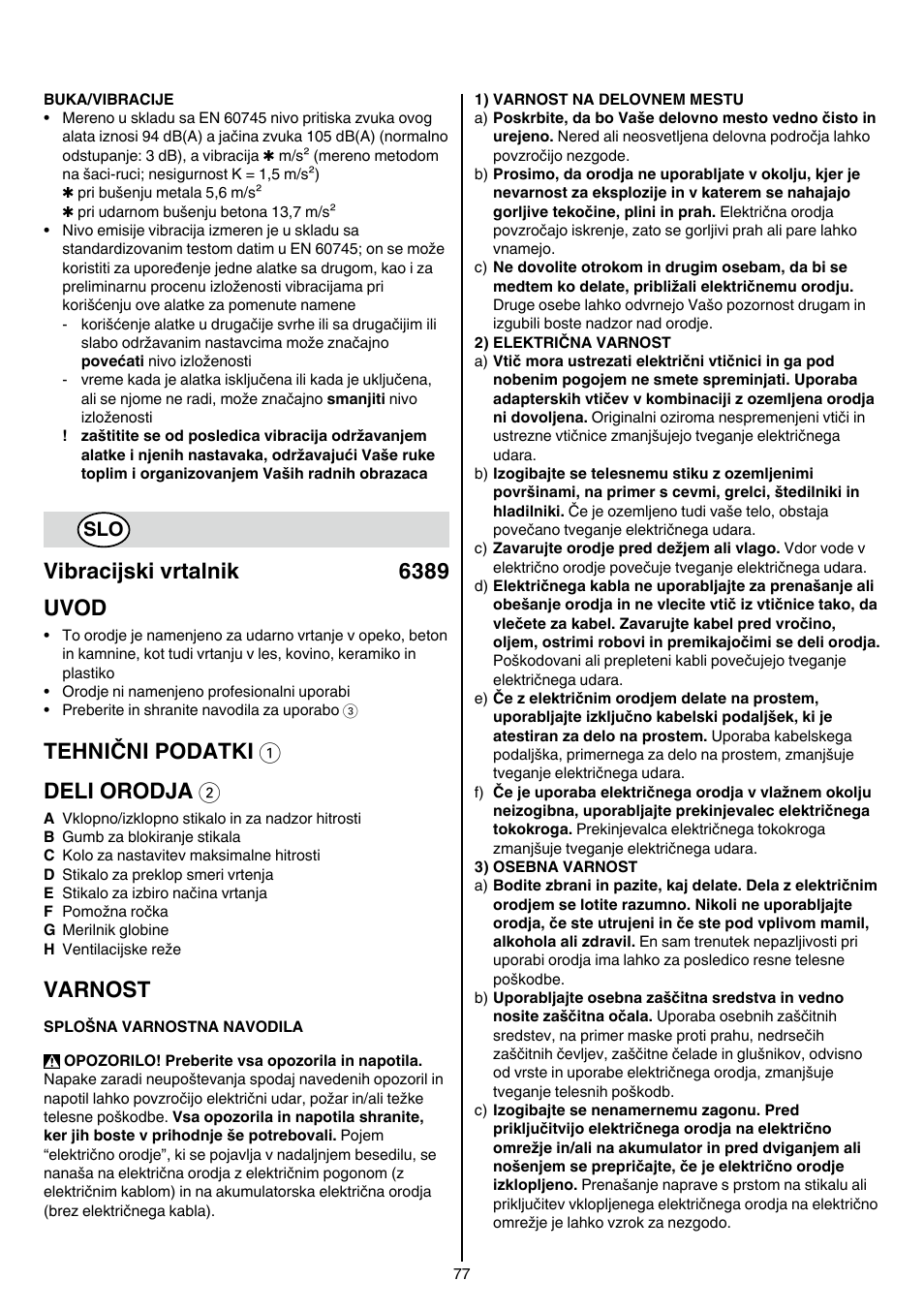 Vibracijski vrtalnik 6389 uvod, Tehnični podatki 1 deli orodja 2, Varnost | Skil 6389 AG User Manual | Page 77 / 108