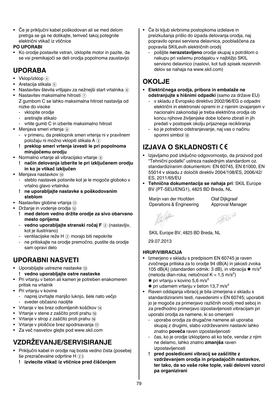 Uporaba, Uporabni nasveti, Vzdrževanje/servisiranje | Okolje, Izjava o skladnosti | Skil 6389 AG User Manual | Page 79 / 108