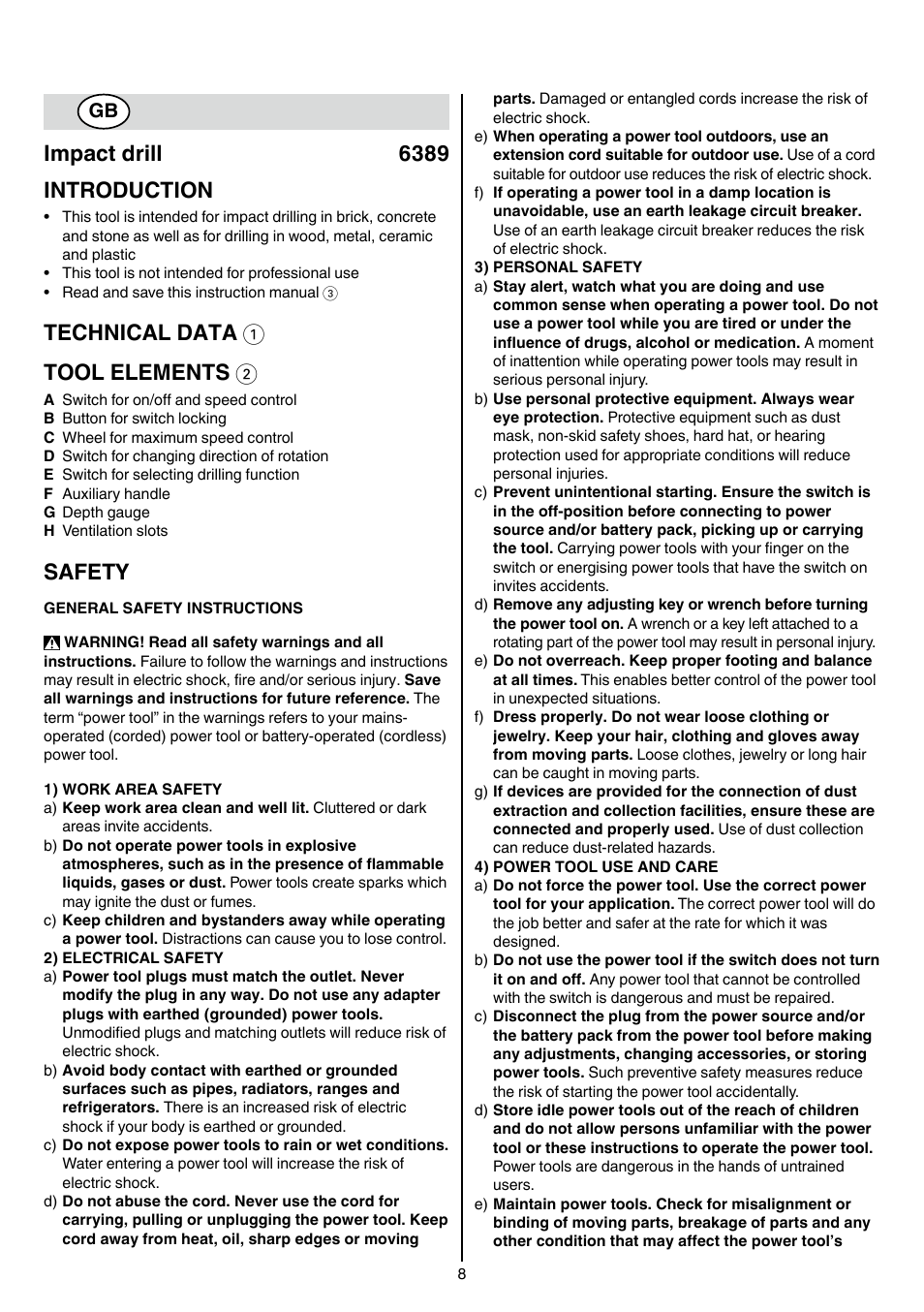 Impact drill 6389 introduction, Technical data 1 tool elements 2, Safety | Skil 6389 AG User Manual | Page 8 / 108