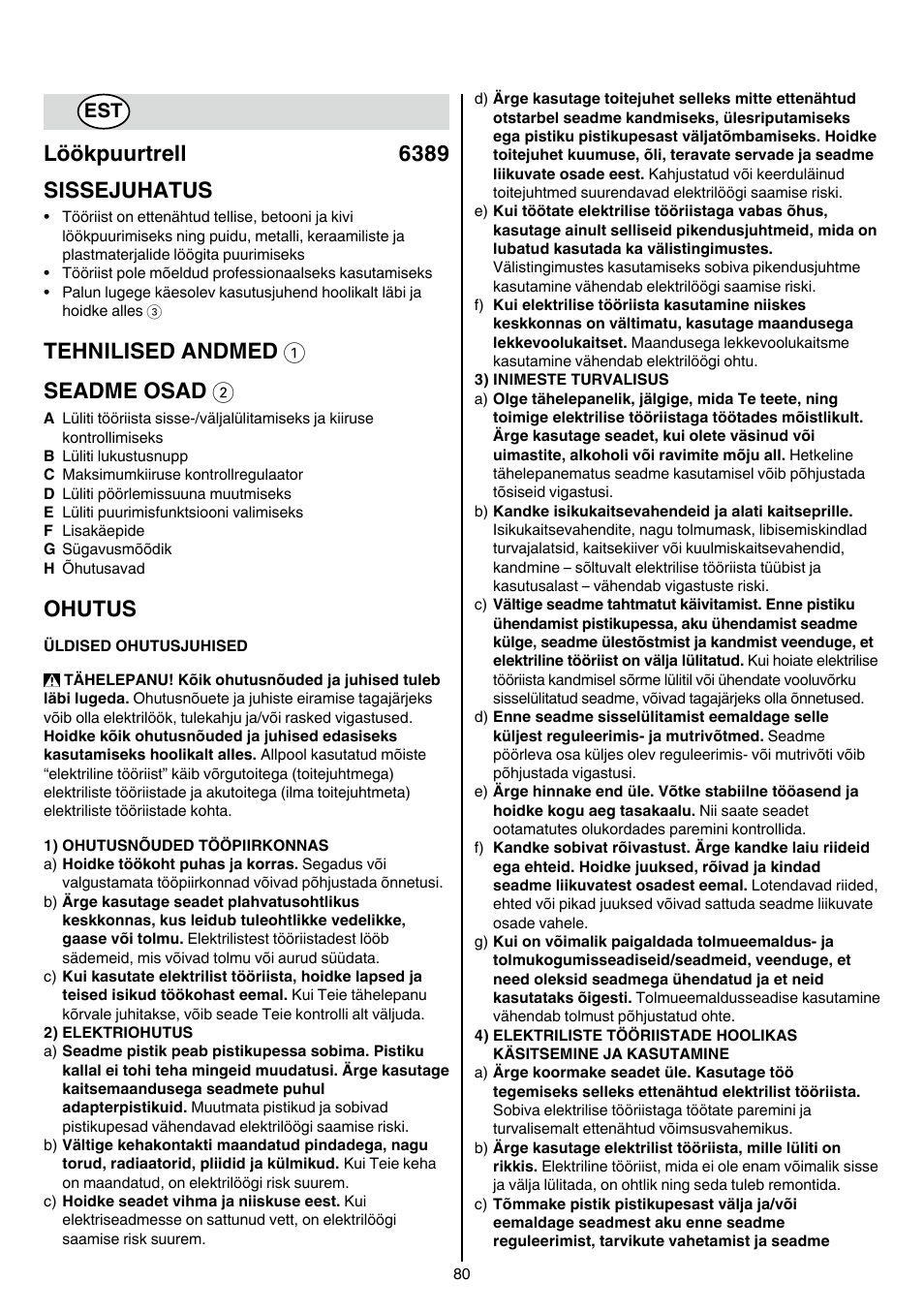 Löökpuurtrell 6389 sissejuhatus, Tehnilised andmed 1 seadme osad 2, Ohutus | Skil 6389 AG User Manual | Page 80 / 108