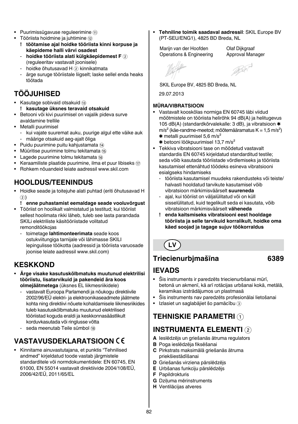 Tööjuhised, Hooldus/teenindus, Keskkond | Vastavusdeklaratsioon, Triecienurbjmašīna 6389 ievads, Tehniskie parametri 1 instrumenta elementi 2 | Skil 6389 AG User Manual | Page 82 / 108