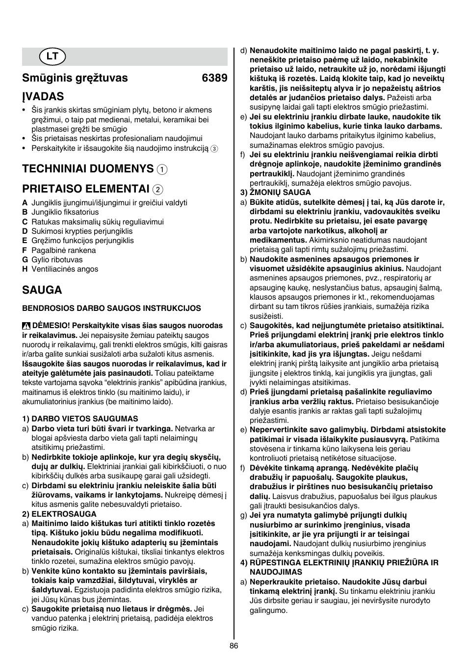 Smūginis gręžtuvas 6389 įvadas, Techniniai duomenys 1 prietaiso elementai 2, Sauga | Skil 6389 AG User Manual | Page 86 / 108