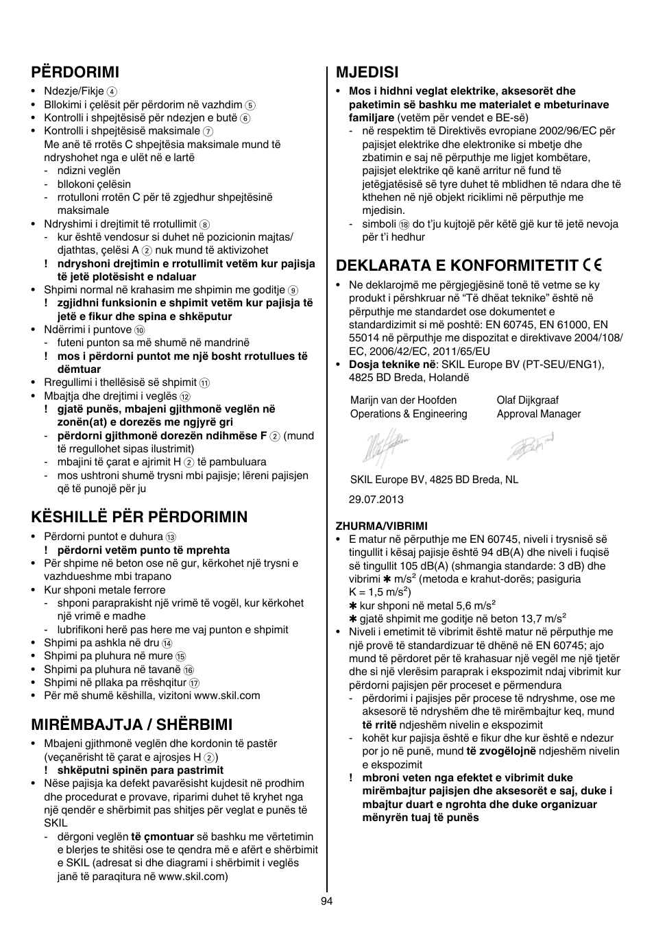 Përdorimi, Këshillë për përdorimin, Mirëmbajtja / shërbimi | Mjedisi, Deklarata e konformitetit | Skil 6389 AG User Manual | Page 94 / 108