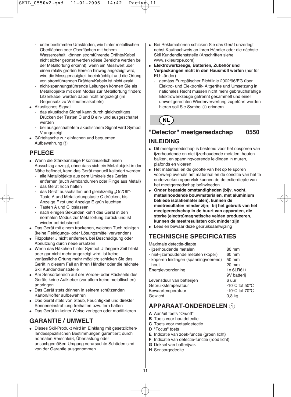 Pflege, Garantie / umwelt, Detector" meetgereedschap 0550 inleiding | Technische specificaties, Apparaat-onderdelen 1 | Skil 0550 AA User Manual | Page 11 / 68