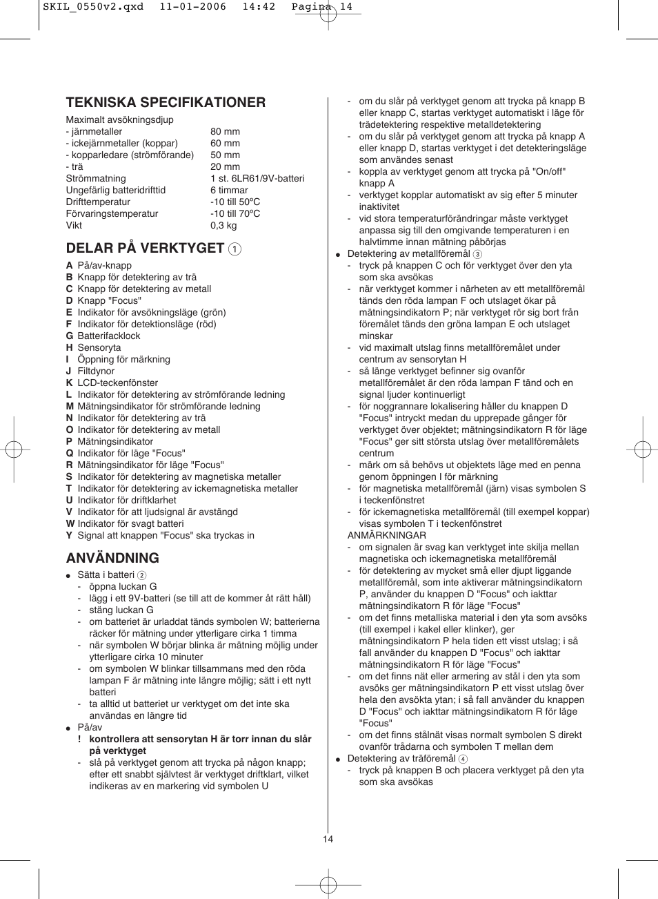 Tekniska specifikationer, Delar på verktyget 1, Användning | Skil 0550 AA User Manual | Page 14 / 68