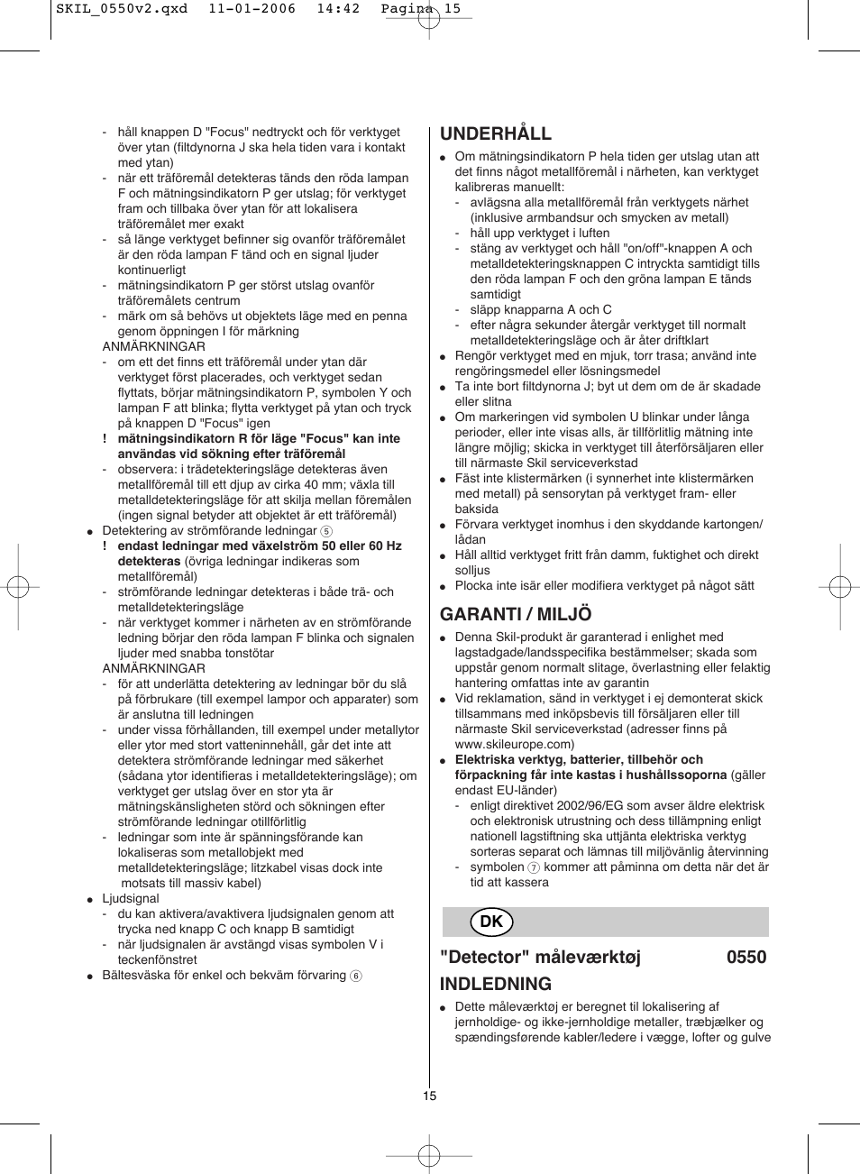 Underhåll, Garanti / miljö, Detector" måleværktøj 0550 indledning | Skil 0550 AA User Manual | Page 15 / 68