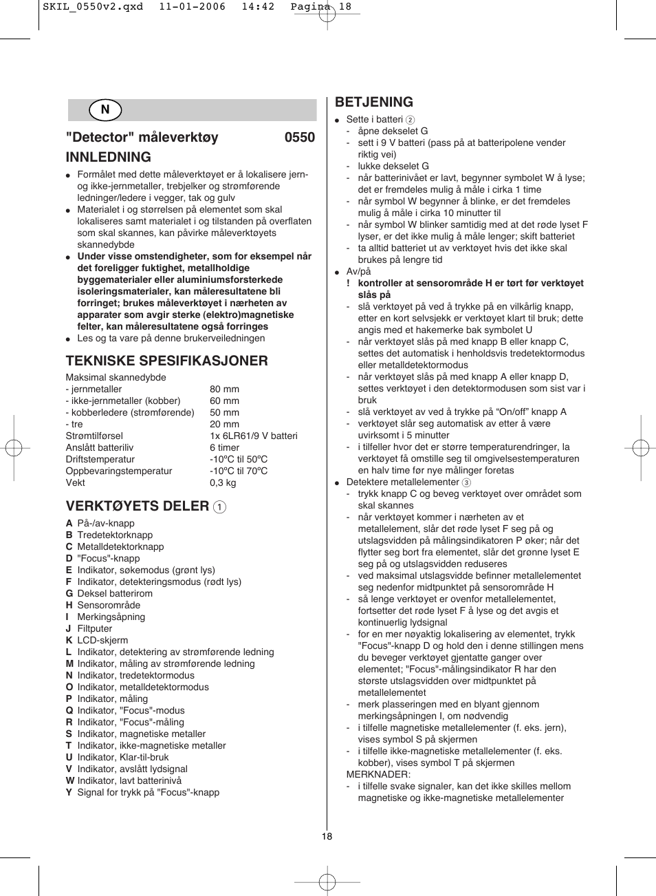 Detector" måleverktøy 0550 innledning, Tekniske spesifikasjoner, Verktøyets deler 1 | Betjening | Skil 0550 AA User Manual | Page 18 / 68