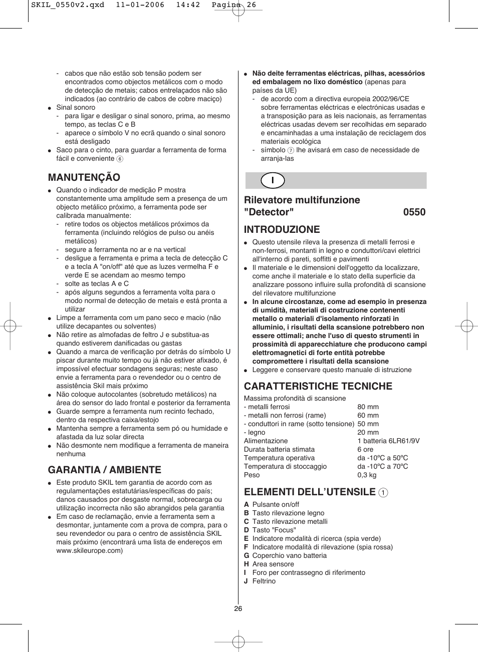 Manutenção, Garantia / ambiente, Caratteristiche tecniche | Elementi dell’utensile 1 | Skil 0550 AA User Manual | Page 26 / 68