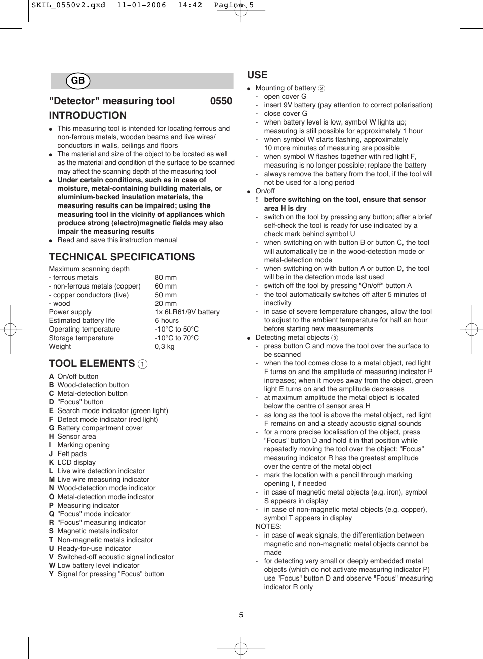 Detector" measuring tool 0550 introduction, Technical specifications, Tool elements 1 | Skil 0550 AA User Manual | Page 5 / 68