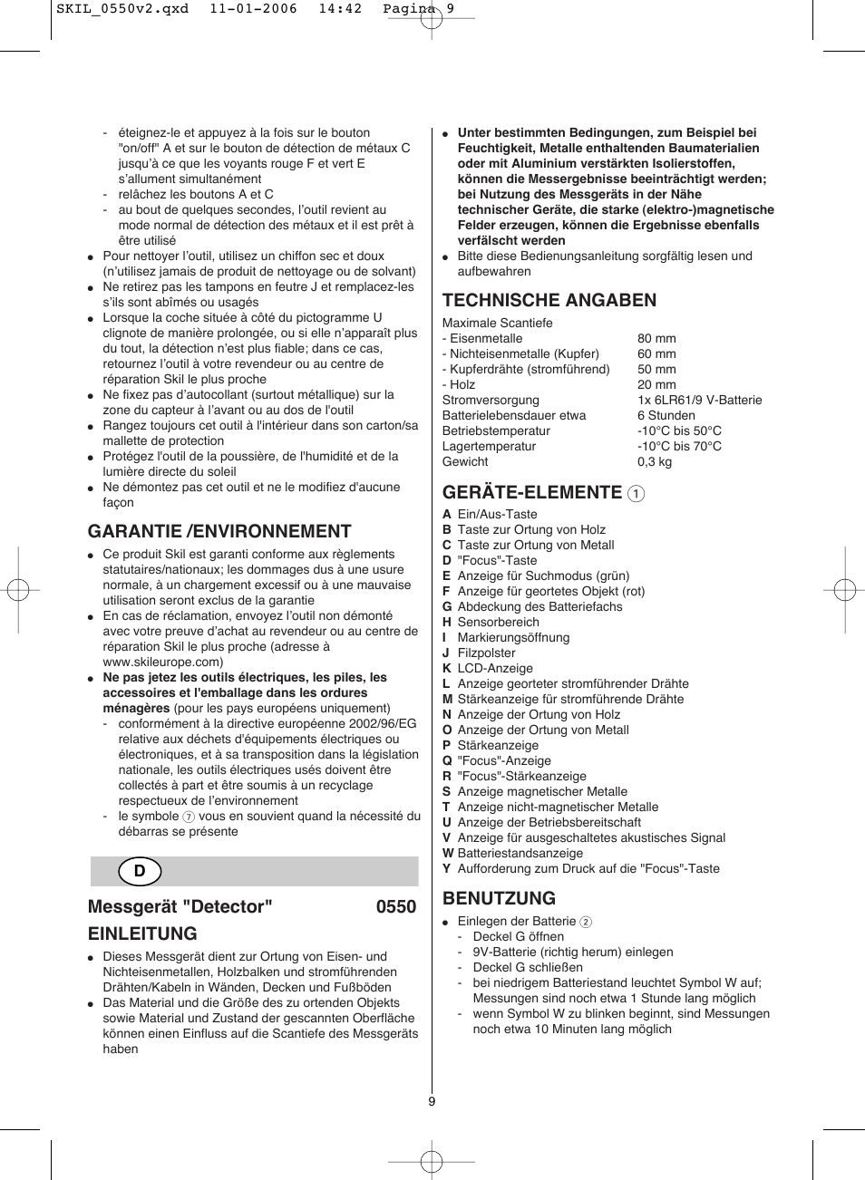 Garantie /environnement, Messgerät "detector" 0550 einleitung, Technische angaben | Geräte-elemente 1, Benutzung | Skil 0550 AA User Manual | Page 9 / 68