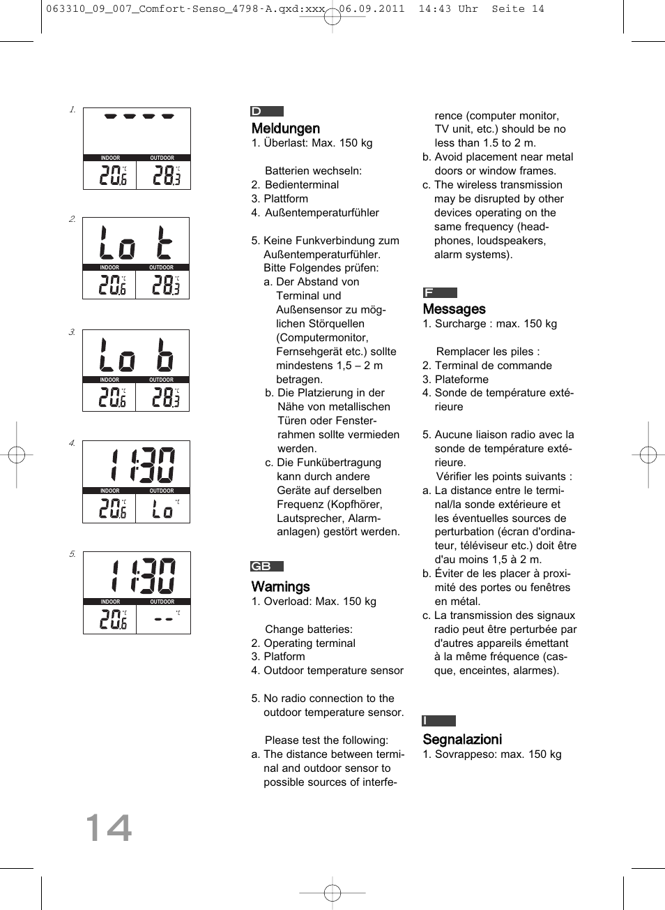Mmeelldduunnggeenn, Wwaarrnniinnggss, Sseeggnnaallaazziioonnii | Sovrappeso: max. 150 kg d f gb i | SOEHNLE Comfort Senso User Manual | Page 14 / 36