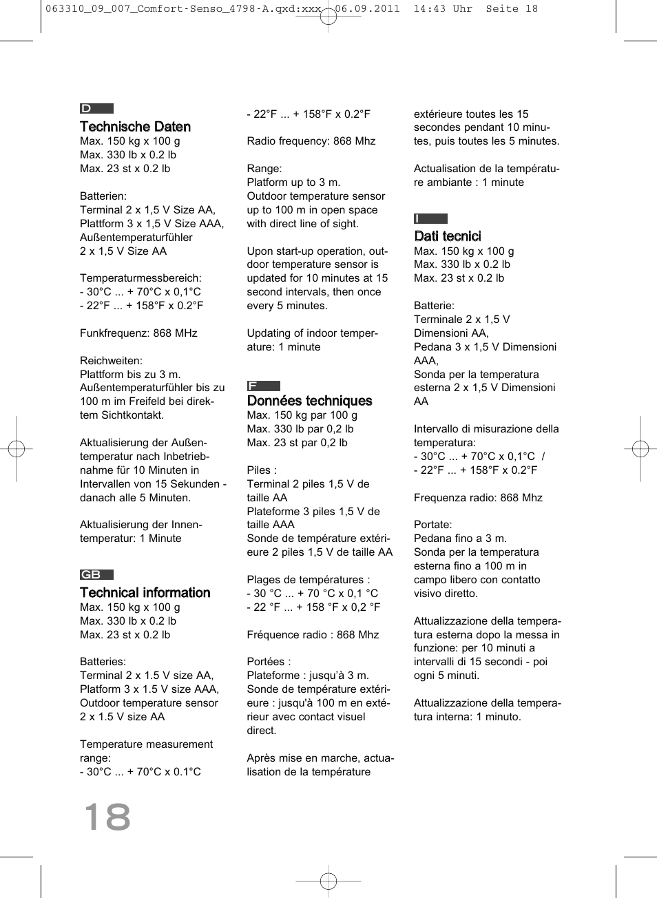 Tteecchhnniisscchhee ddaatteenn, Tteecchhnniiccaall iinnffoorrm maattiioonn, Ddaattii tteeccnniiccii | SOEHNLE Comfort Senso User Manual | Page 18 / 36