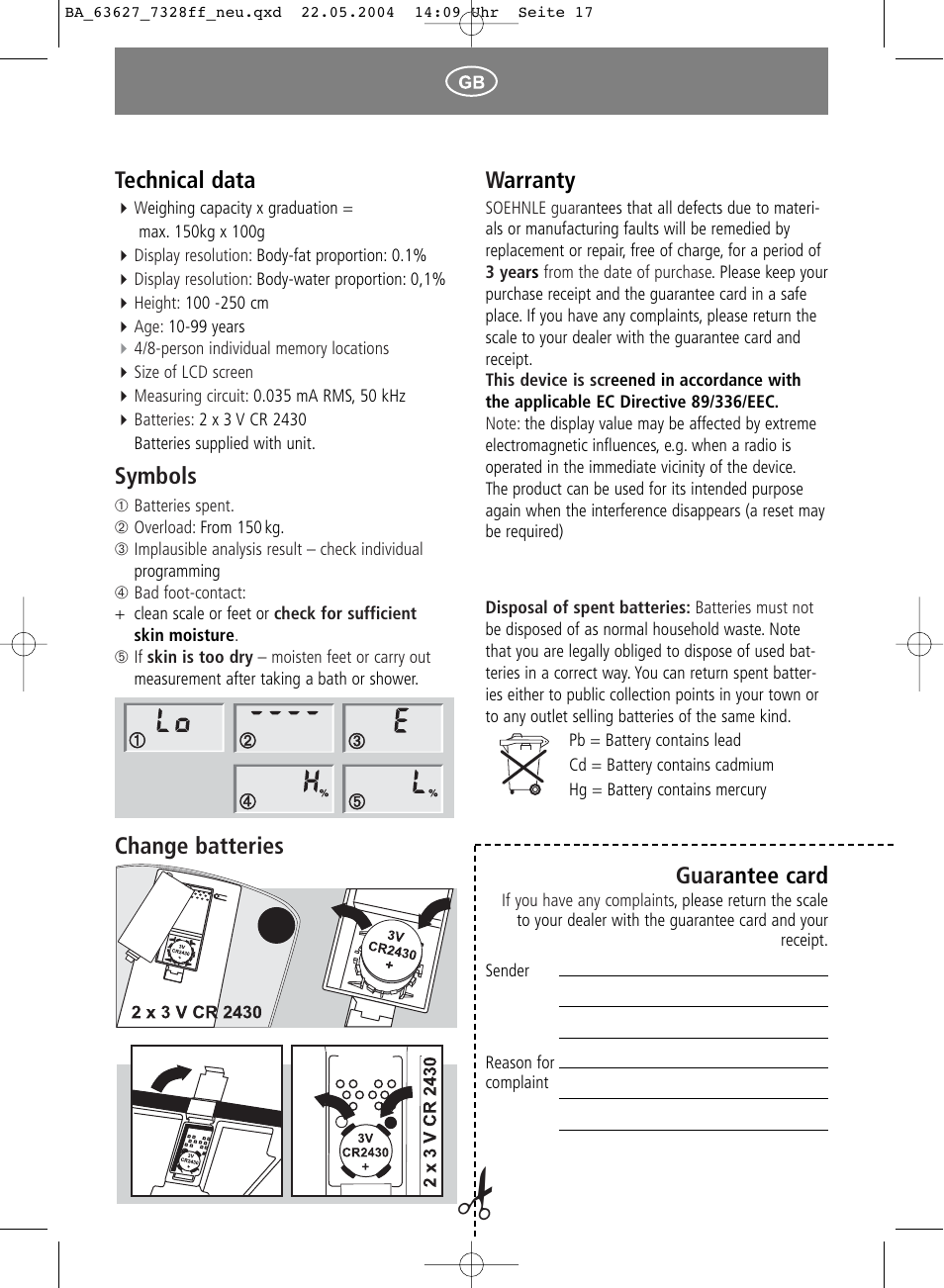 Warranty, Guar antee card, Technical data | Symbols, Change batteries | SOEHNLE Body Balance Pacific User Manual | Page 17 / 148