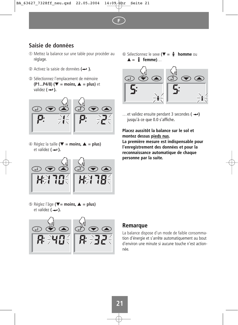 Remarque, Saisie de données | SOEHNLE Body Balance Pacific User Manual | Page 21 / 148