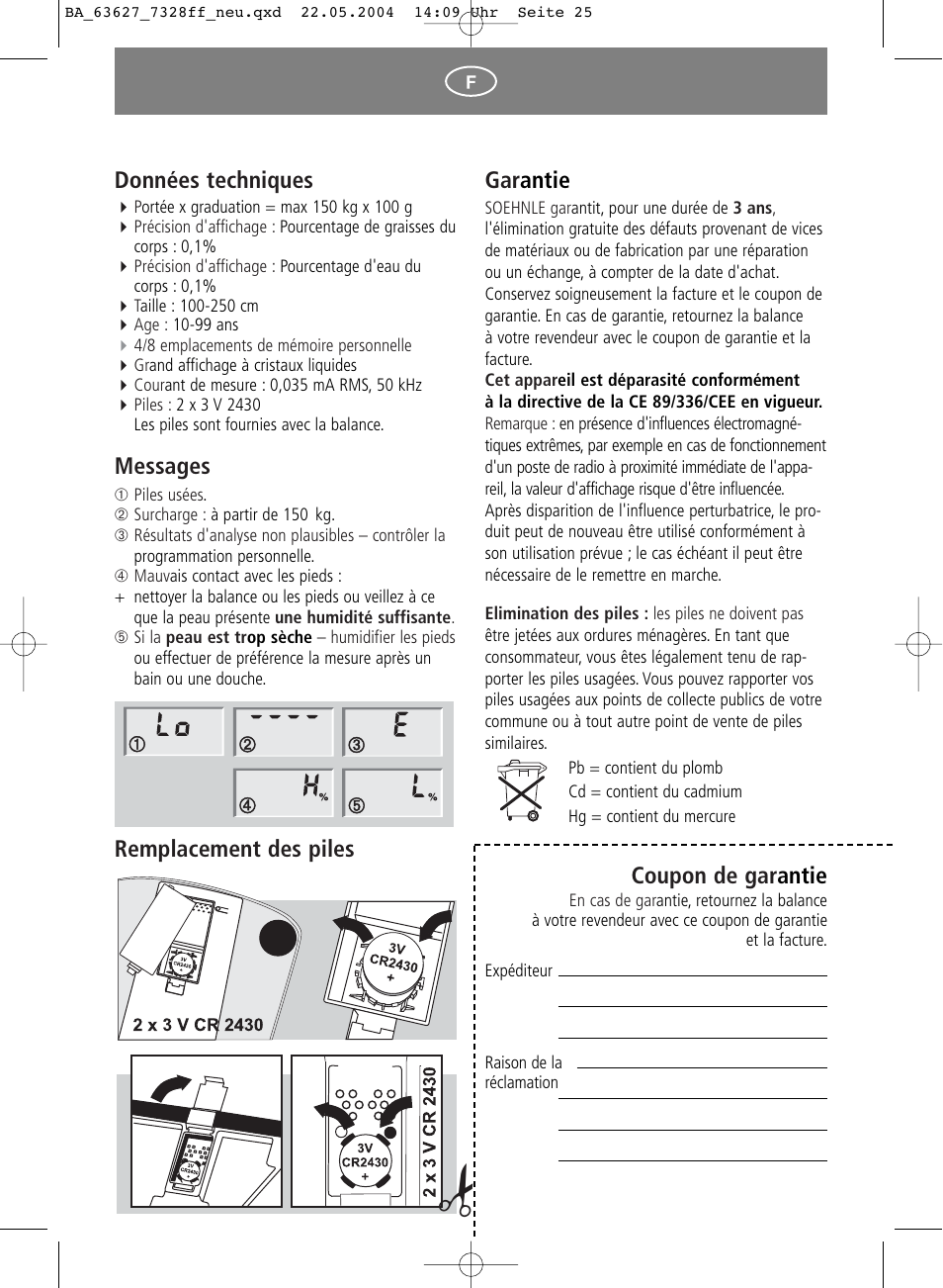 Gar antie, Coupon de gar antie, Données techniques | Messages, Remplacement des piles | SOEHNLE Body Balance Pacific User Manual | Page 25 / 148
