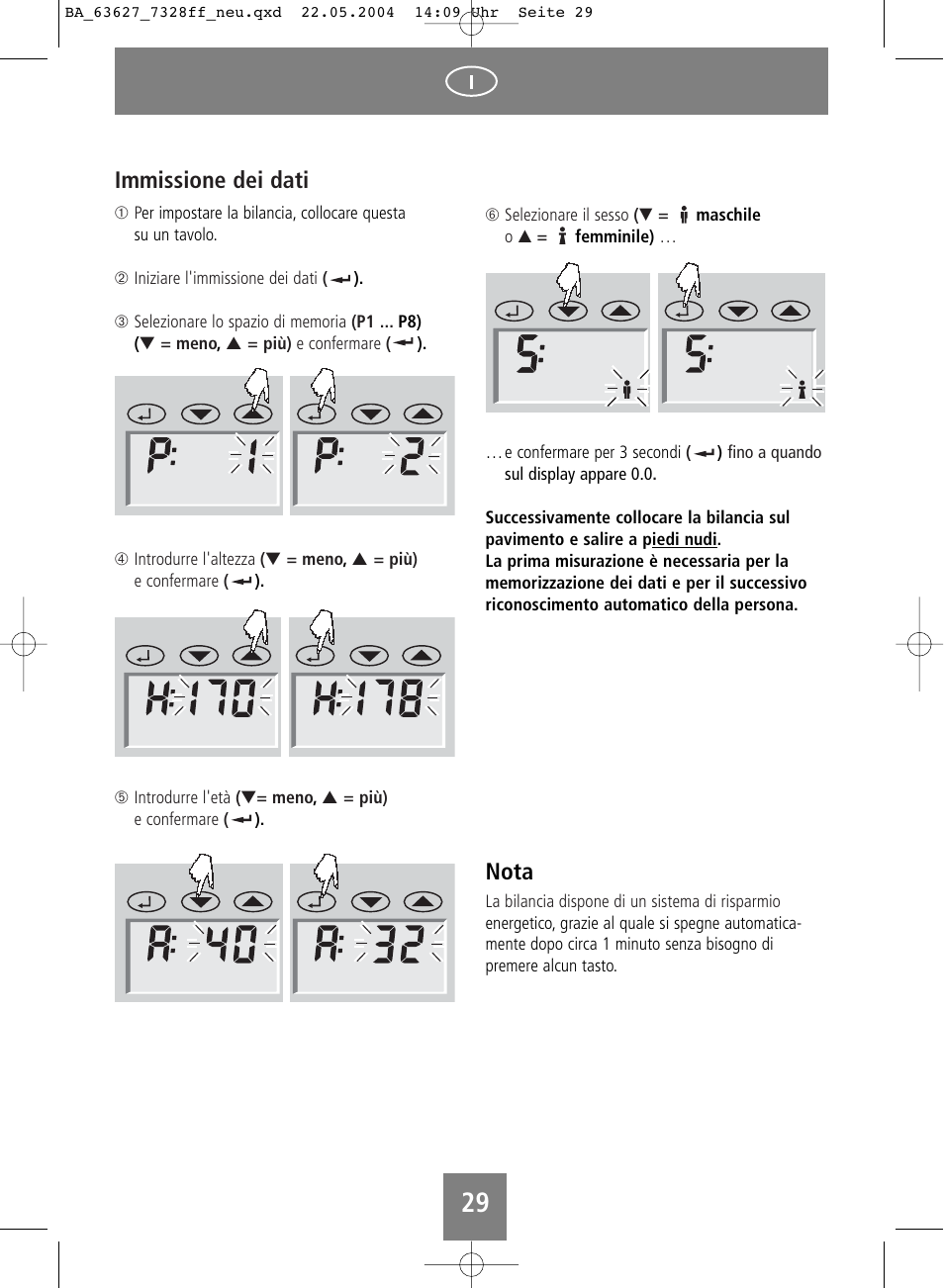 Nota, Immissione dei dati | SOEHNLE Body Balance Pacific User Manual | Page 29 / 148
