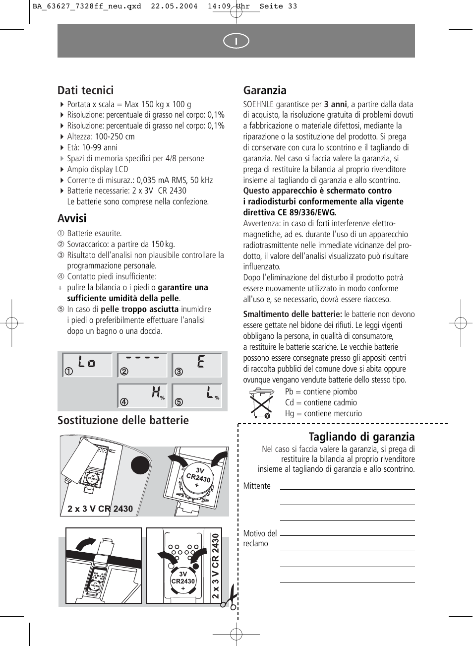 Gar anzia, Tagliando di garanzia, Dati tecnici | Avvisi, Sostituzione delle batterie | SOEHNLE Body Balance Pacific User Manual | Page 33 / 148