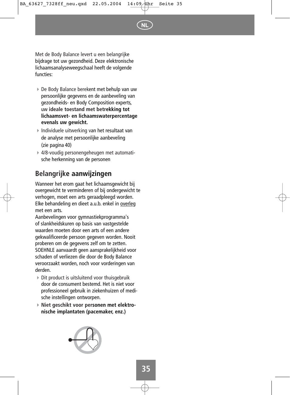 Belangrijk e aanwijzingen | SOEHNLE Body Balance Pacific User Manual | Page 35 / 148