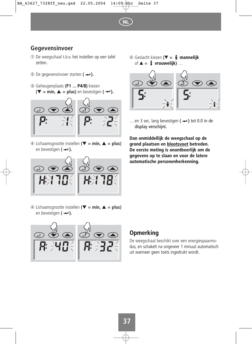 Opmerking, Gegevensinvoer | SOEHNLE Body Balance Pacific User Manual | Page 37 / 148