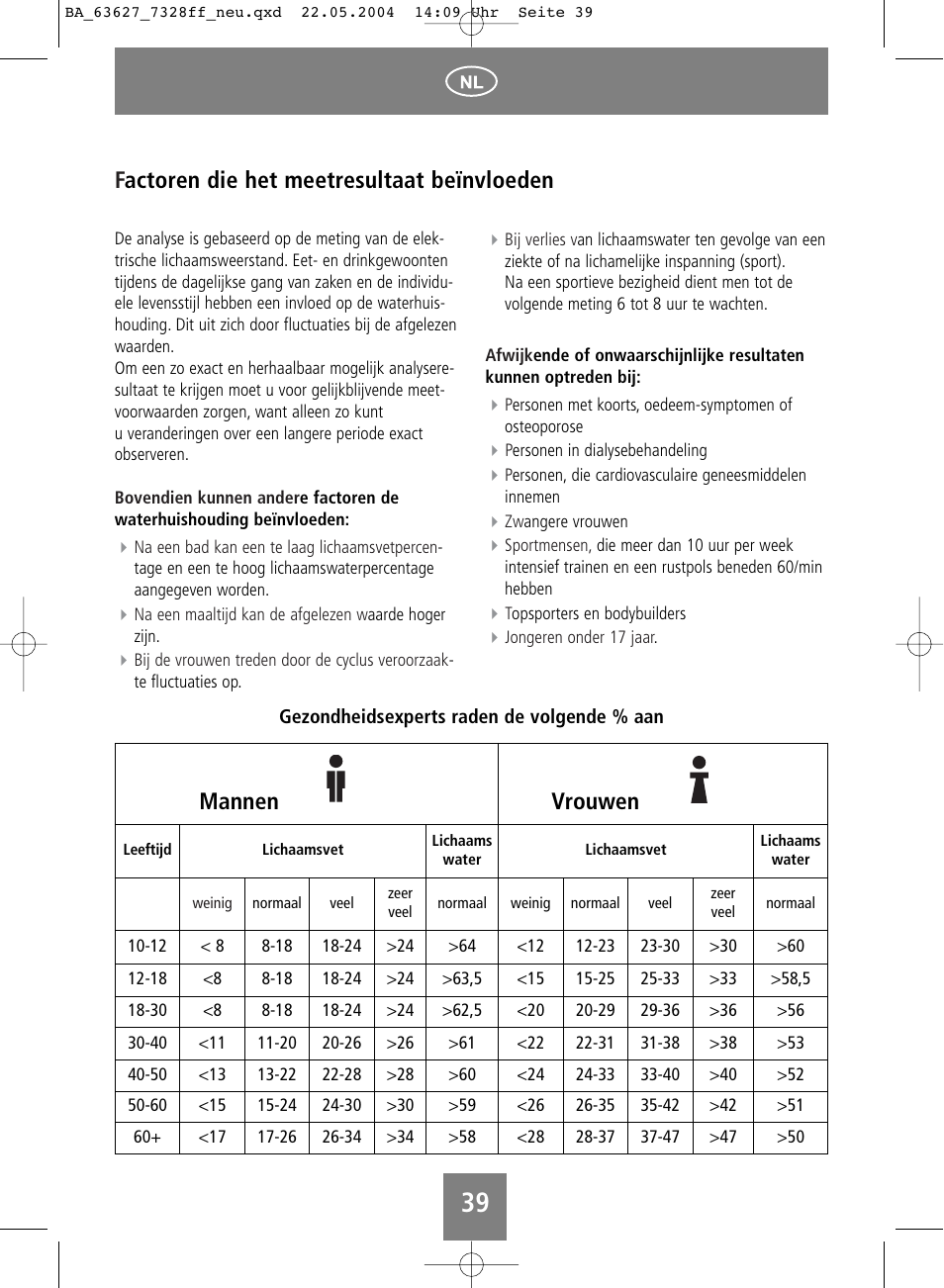 Factoren die het meetresultaat beïnvloeden, Mannen vrouwen | SOEHNLE Body Balance Pacific User Manual | Page 39 / 148
