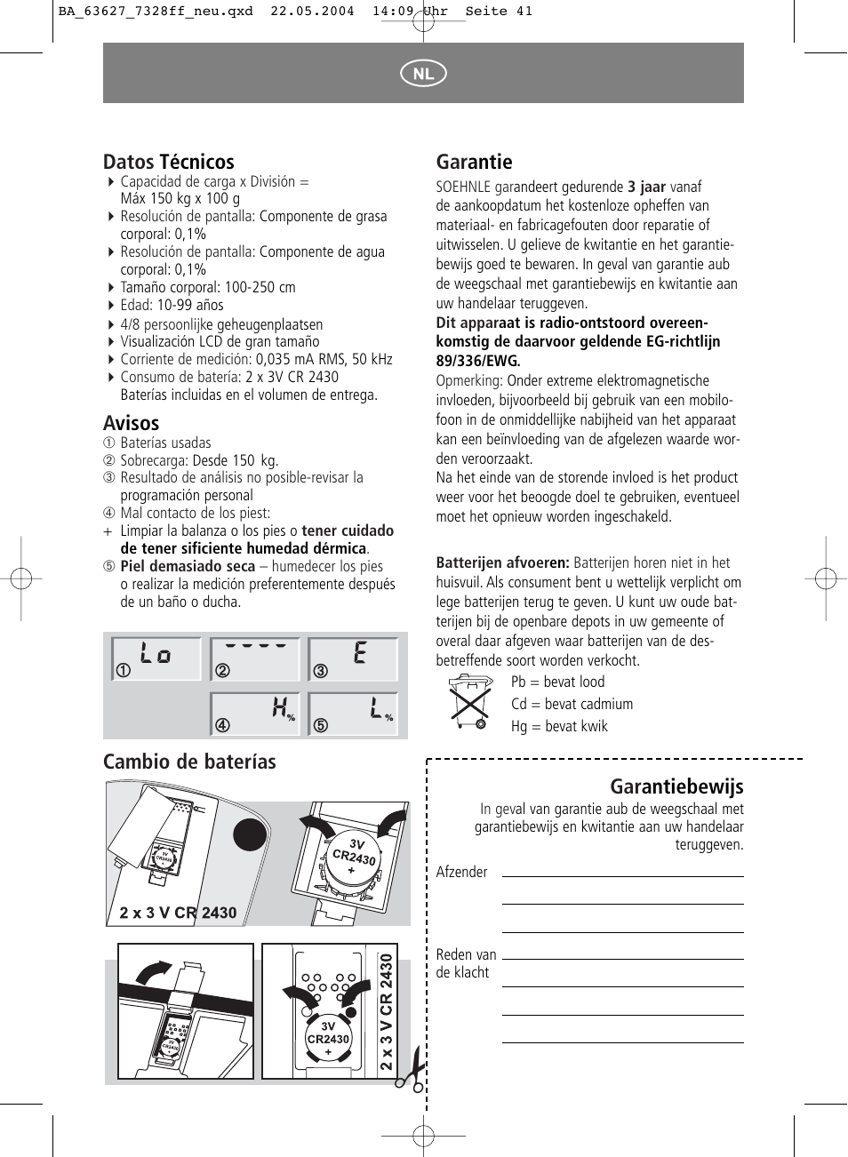 Gar antie, Gar antiebewijs, Datos técnicos | Avisos, Cambio de baterías | SOEHNLE Body Balance Pacific User Manual | Page 41 / 148