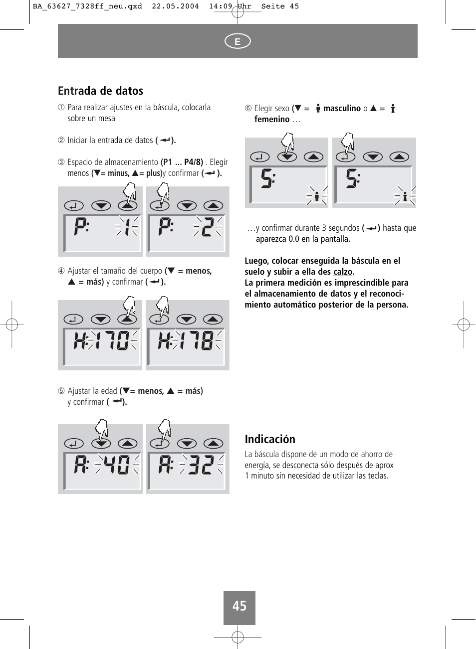Indicación, Entr ada de datos | SOEHNLE Body Balance Pacific User Manual | Page 45 / 148