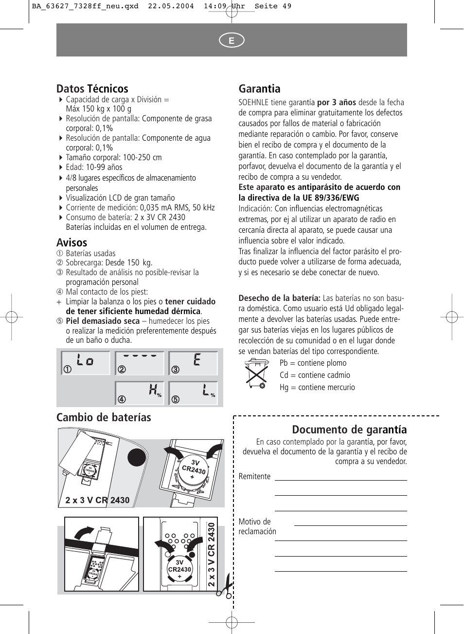 Gar antia, Documento de gar antía, Datos técnicos | Avisos, Cambio de baterías | SOEHNLE Body Balance Pacific User Manual | Page 49 / 148