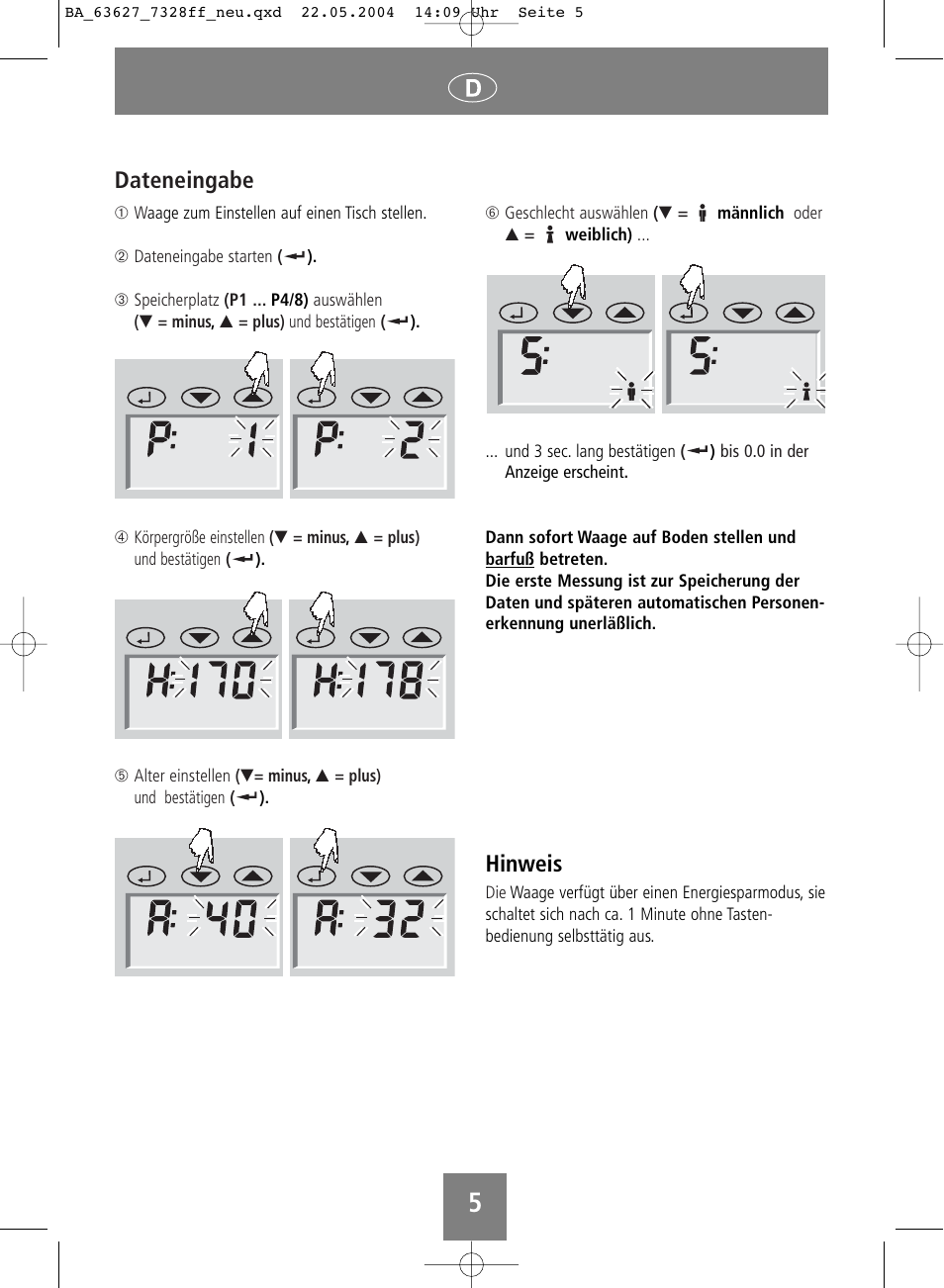 Dateneingabe, Hinweis | SOEHNLE Body Balance Pacific User Manual | Page 5 / 148