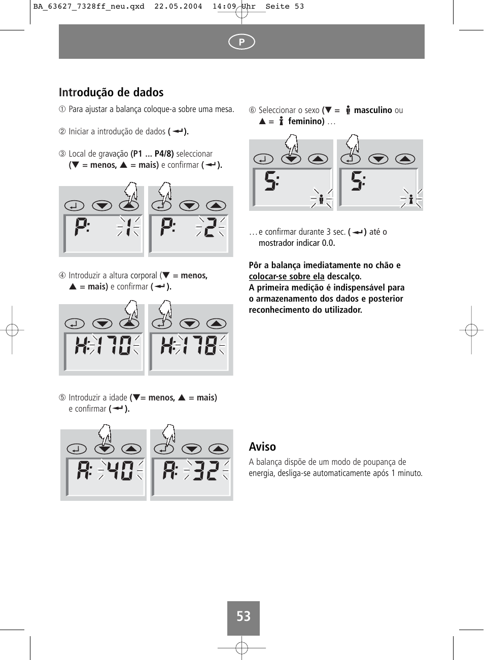 Aviso, Intr odução de dados | SOEHNLE Body Balance Pacific User Manual | Page 53 / 148