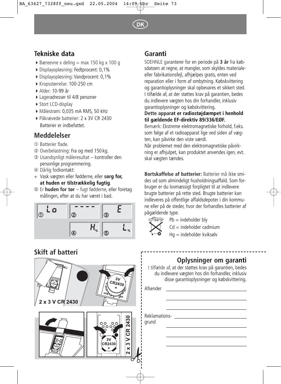 Gar anti, Oplysninger om gar anti, Tekniske data | Meddelelser, Skift af batteri | SOEHNLE Body Balance Pacific User Manual | Page 73 / 148