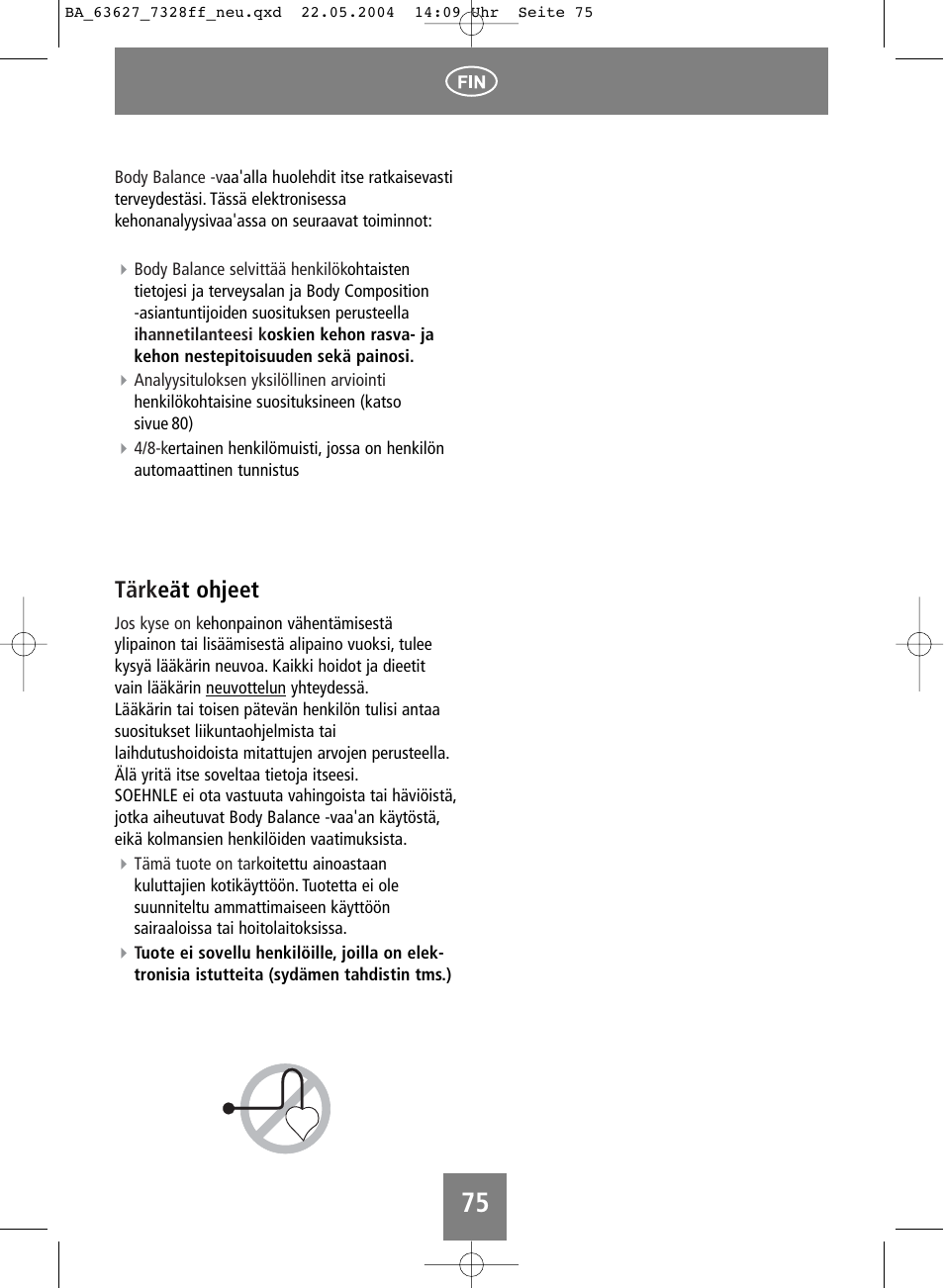 Tärk eät ohjeet | SOEHNLE Body Balance Pacific User Manual | Page 75 / 148