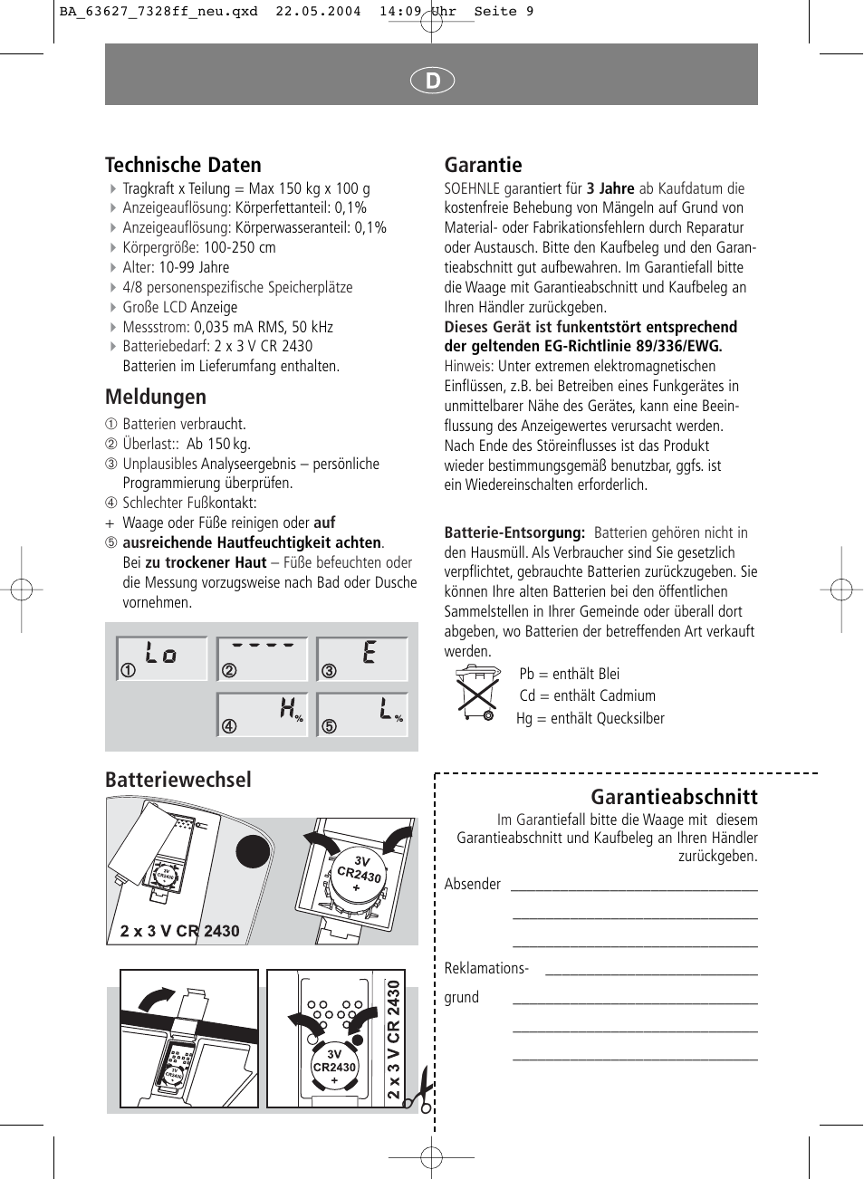 Gar antie, Gar antieabschnitt, Technische daten | Meldungen, Batteriewechsel | SOEHNLE Body Balance Pacific User Manual | Page 9 / 148
