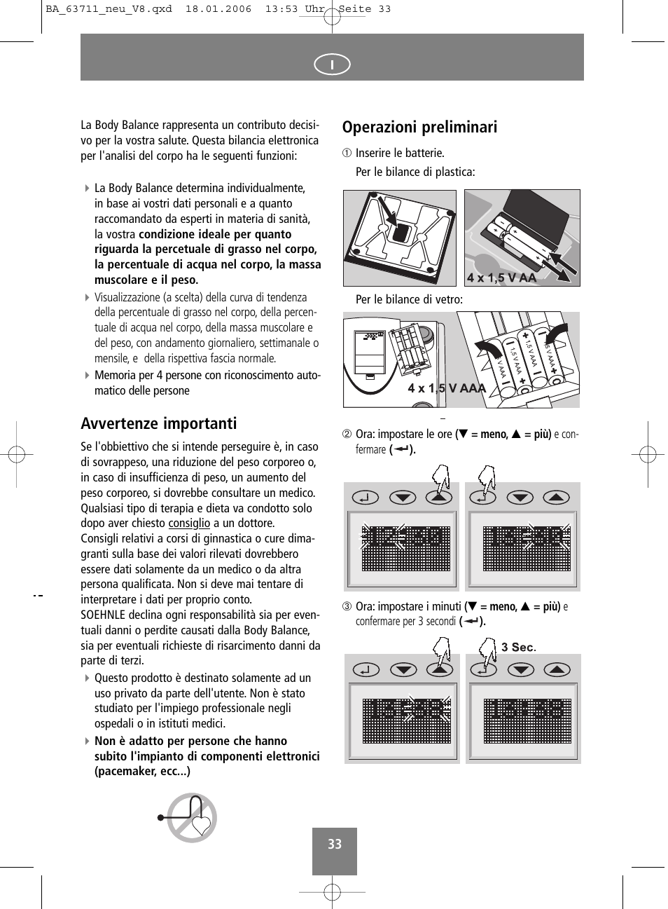 Avvertenze importanti, Operazioni preliminari | SOEHNLE Body Balance New York User Manual | Page 33 / 184