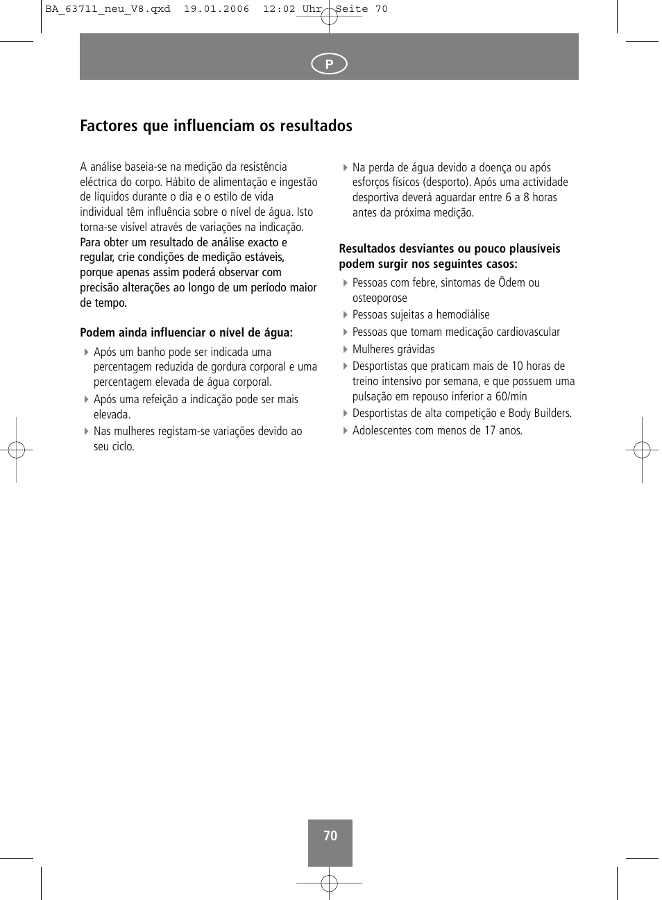 Factores que influenciam os resultados | SOEHNLE Body Balance New York User Manual | Page 70 / 184