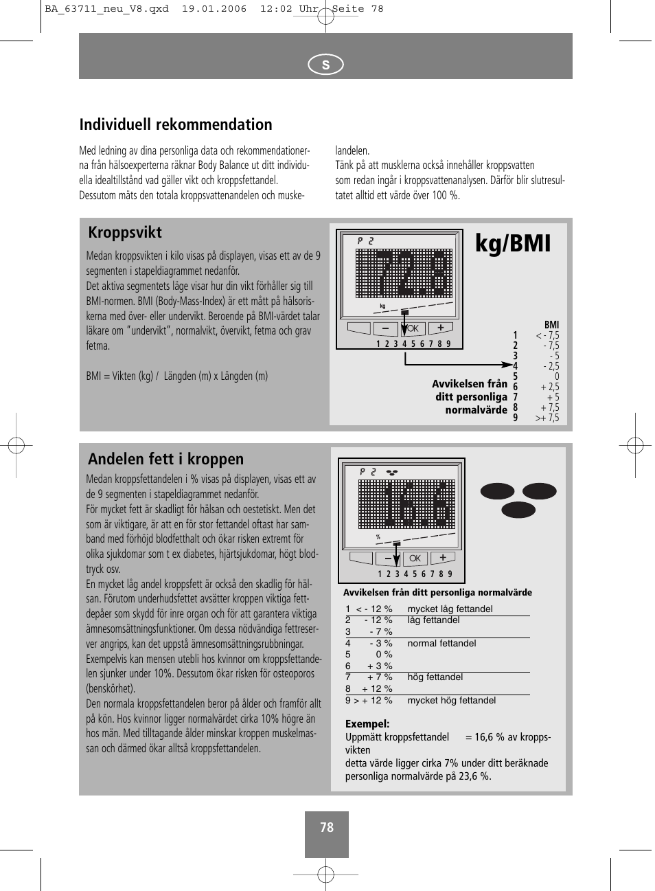 Kg/bmi, Andelen fett i kroppen individuell rekommendation, Kroppsvikt | SOEHNLE Body Balance New York User Manual | Page 78 / 184