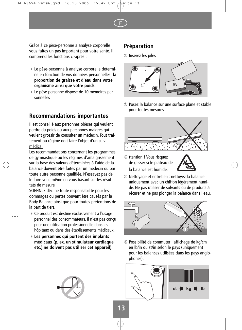 Recommandations importantes, Préparation | SOEHNLE Volga User Manual | Page 13 / 96