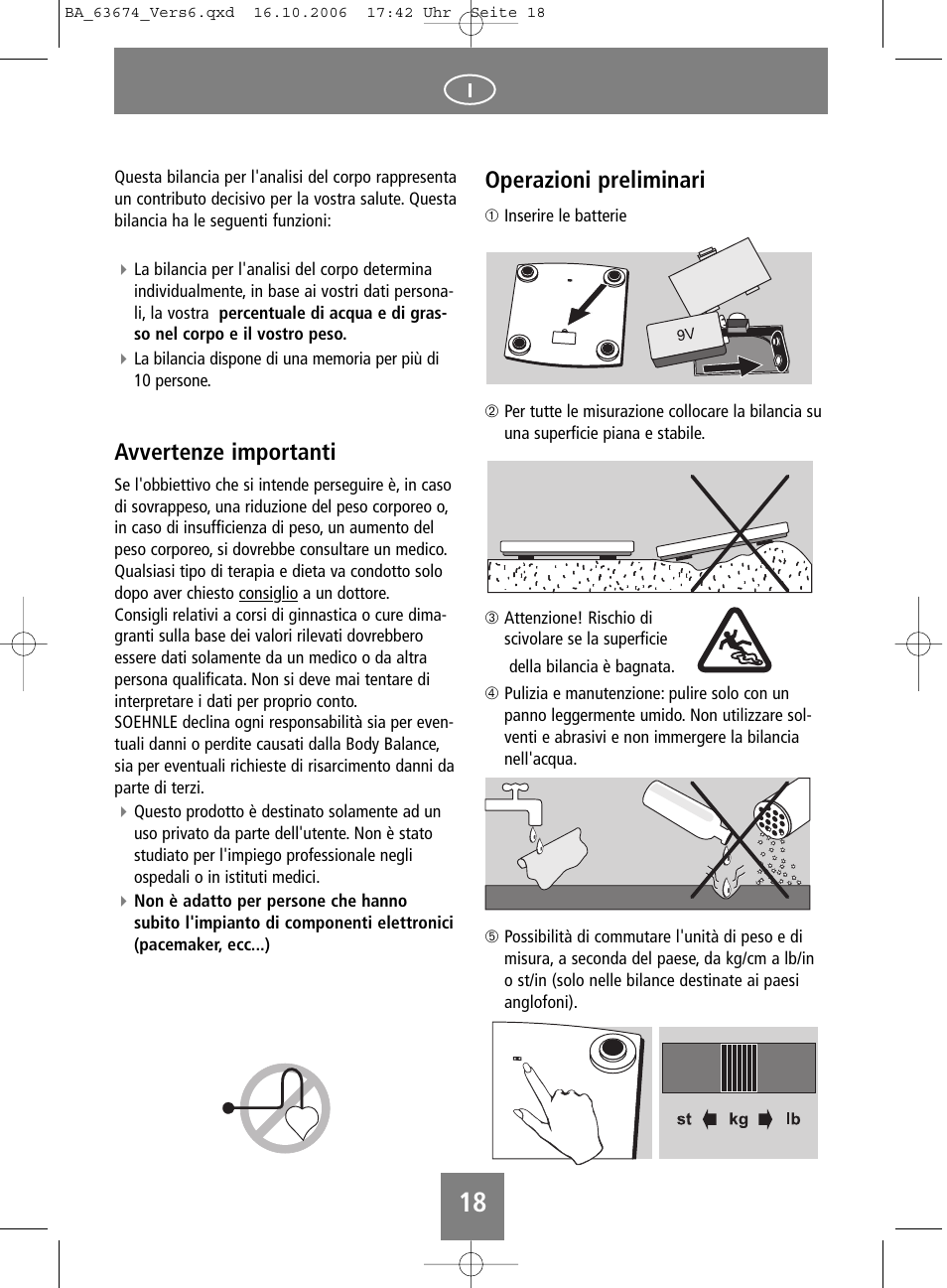Avvertenze importanti, Operazioni preliminari | SOEHNLE Volga User Manual | Page 18 / 96