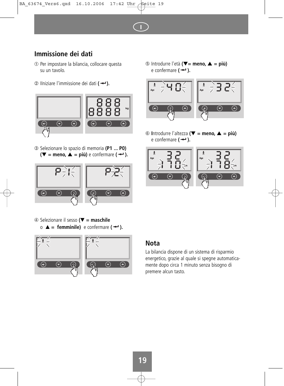 Immissione dei dati, Nota | SOEHNLE Volga User Manual | Page 19 / 96