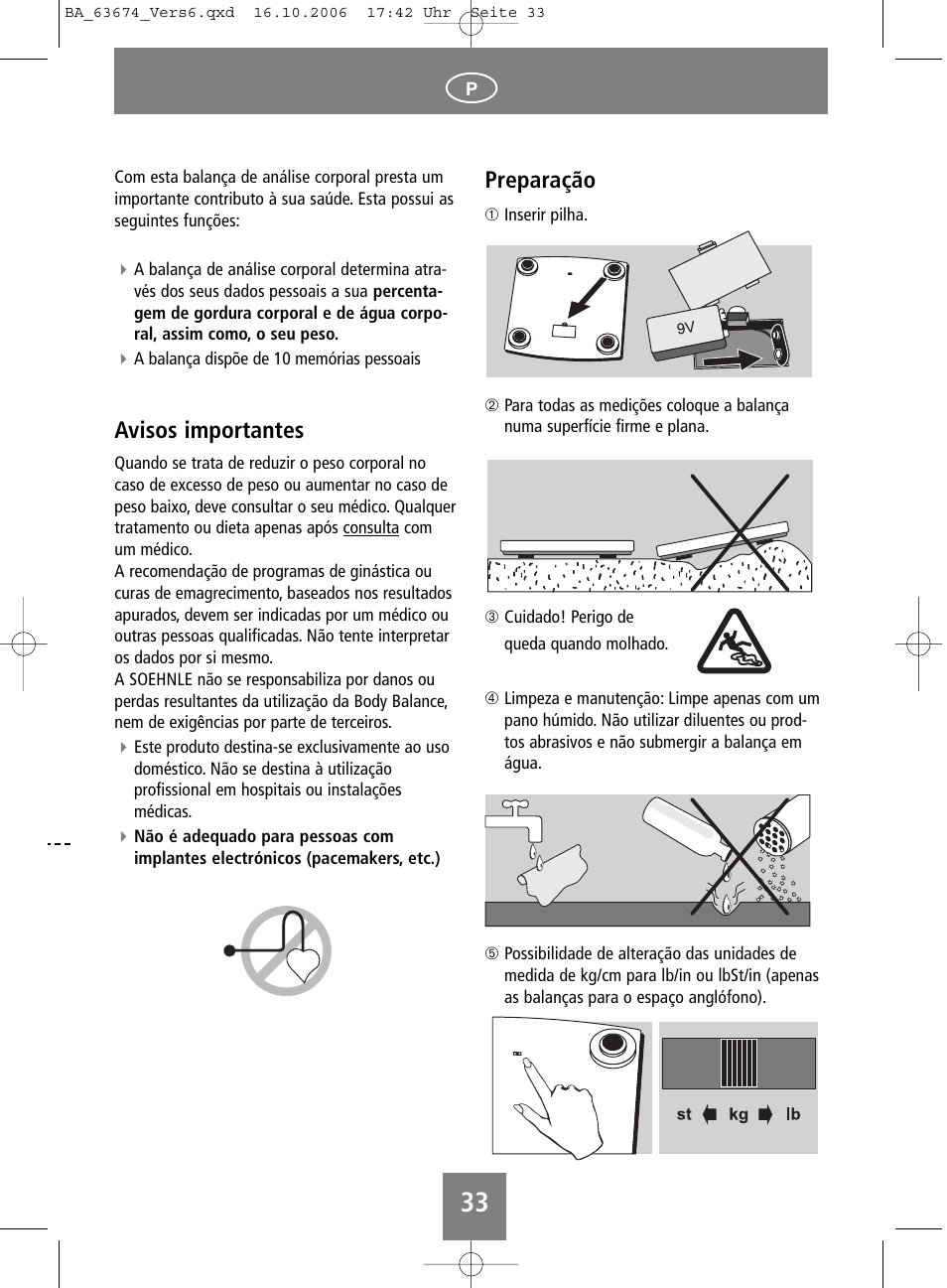 Avisos importantes, Preparação | SOEHNLE Volga User Manual | Page 33 / 96