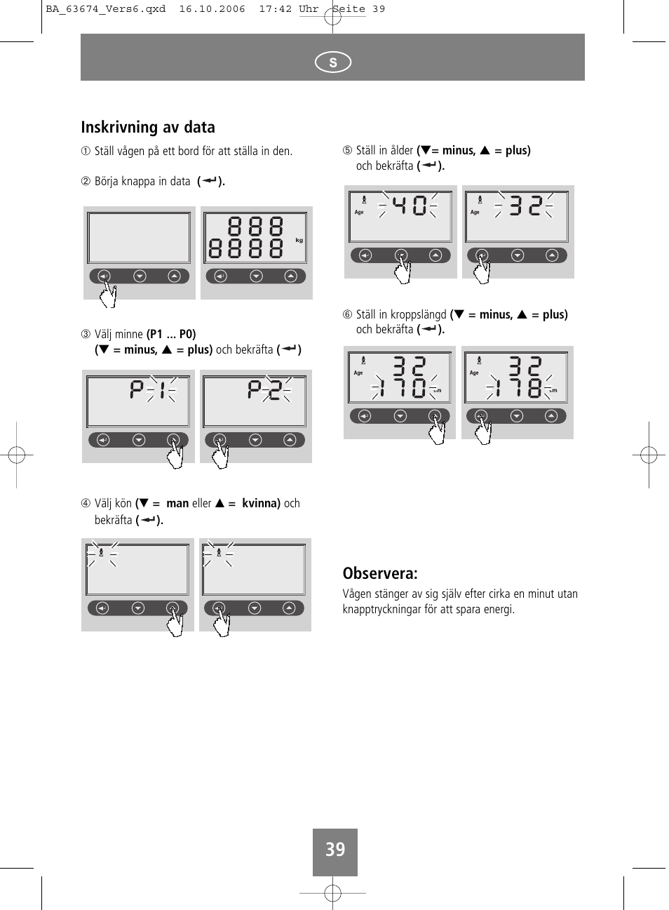 Inskrivning av data, Observera | SOEHNLE Volga User Manual | Page 39 / 96
